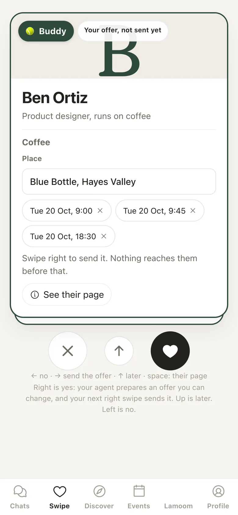 An offer card for Ben Ortiz: coffee at Blue Bottle, Hayes Valley, with three times to pick