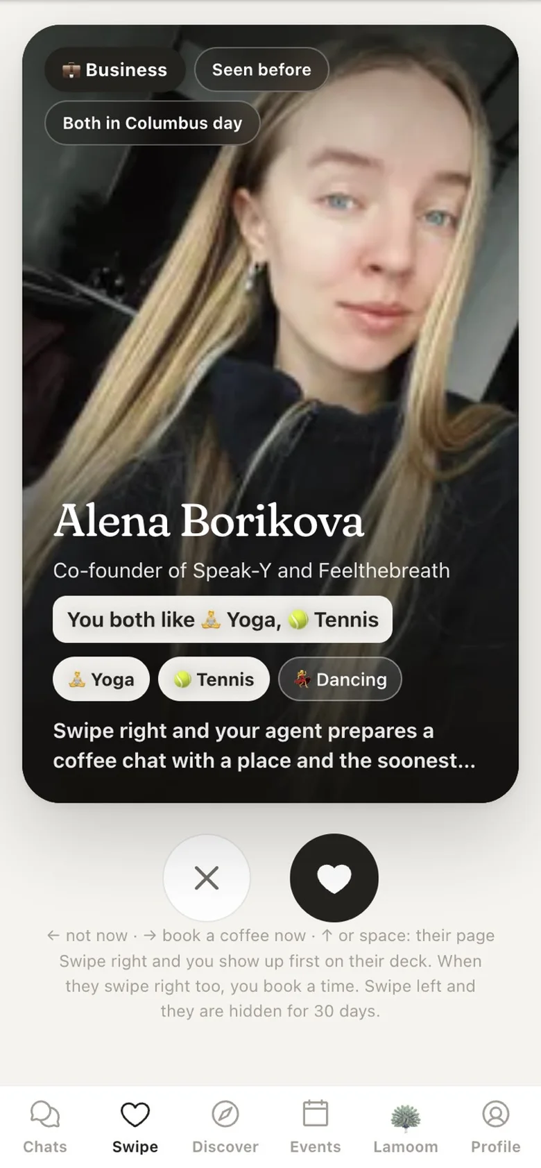 Deck card for Alena Borikova: You both like Yoga, Tennis