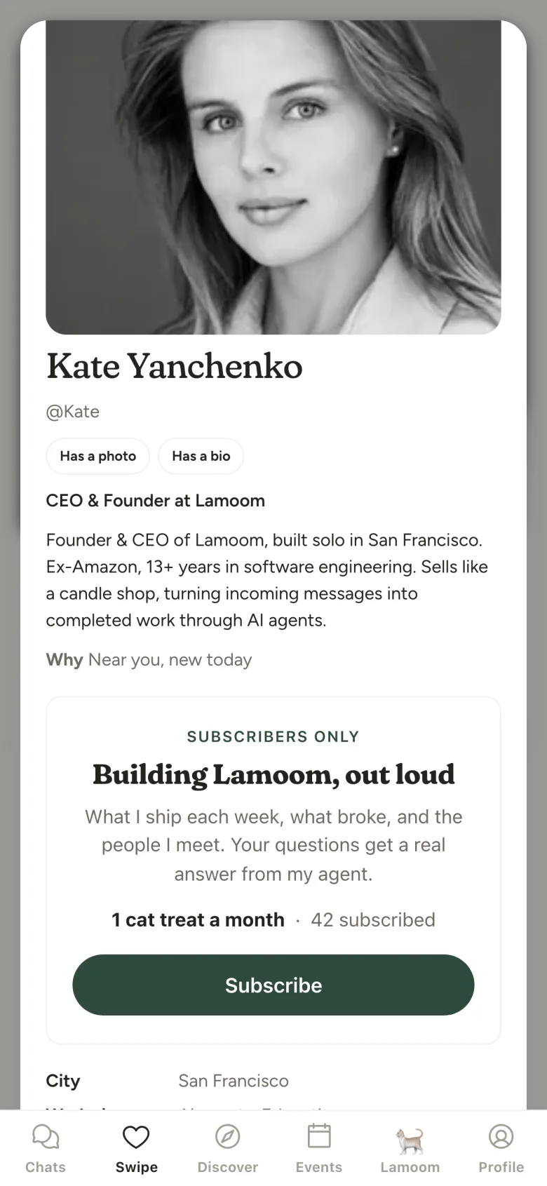 Kate Yanchenko's page on the swipe deck, with a Subscribe button for her updates