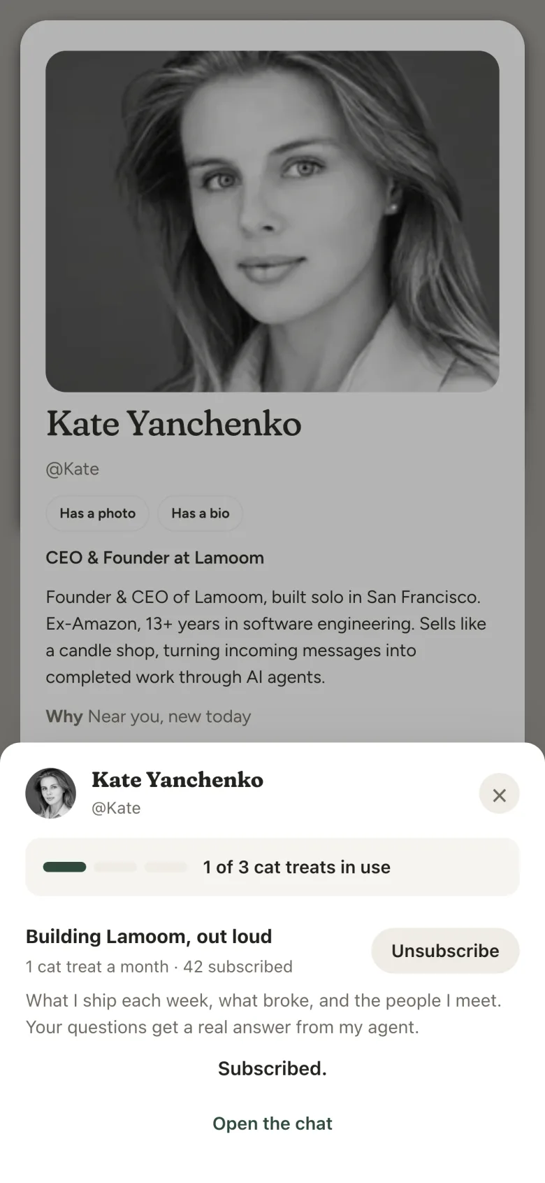 Subscribed to Kate: 1 of 3 cat treats in use